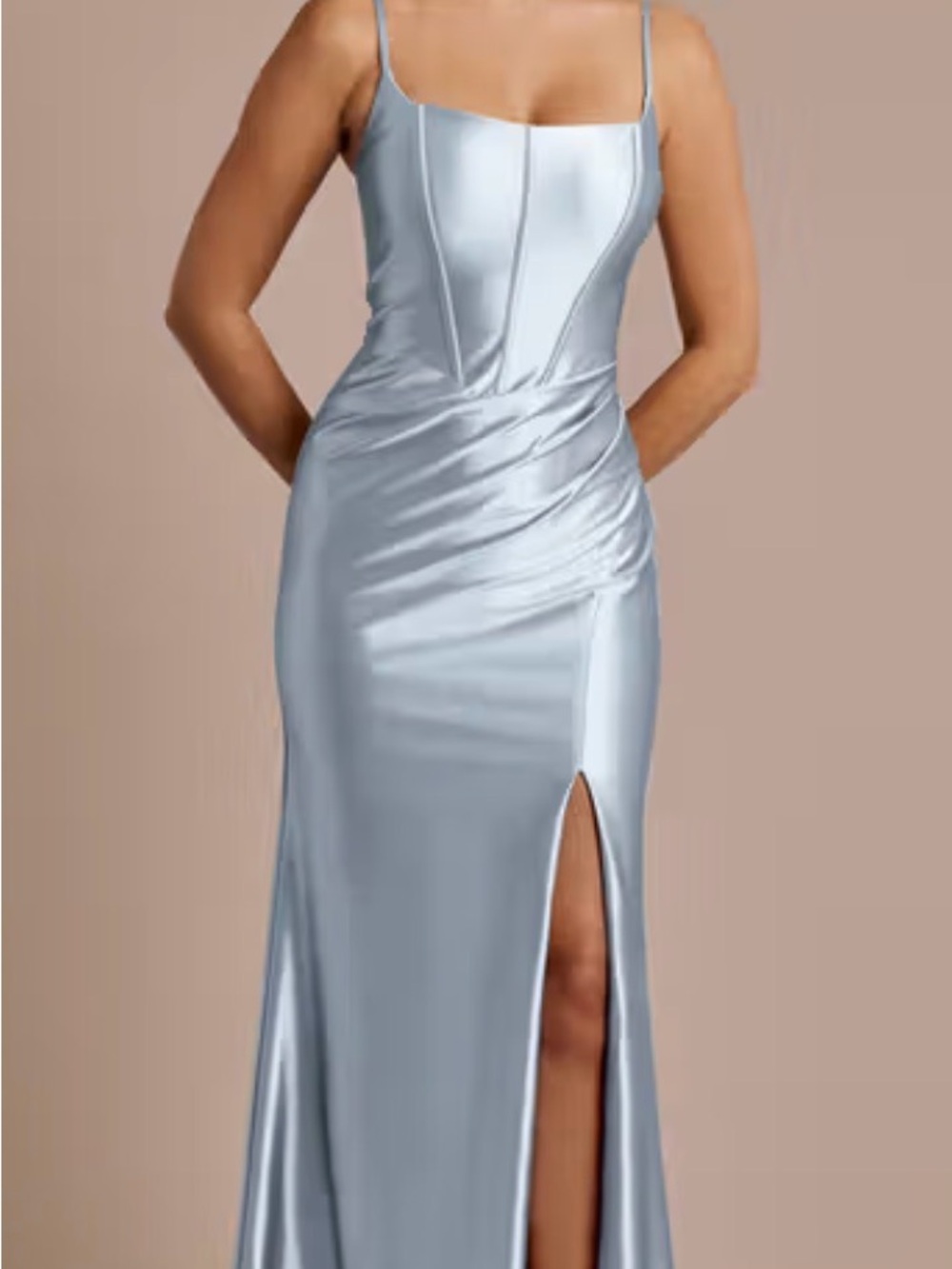 David’s Bridal, Dusty Blue Satin Spaghetti-Strap Evening Gown with Side Slit